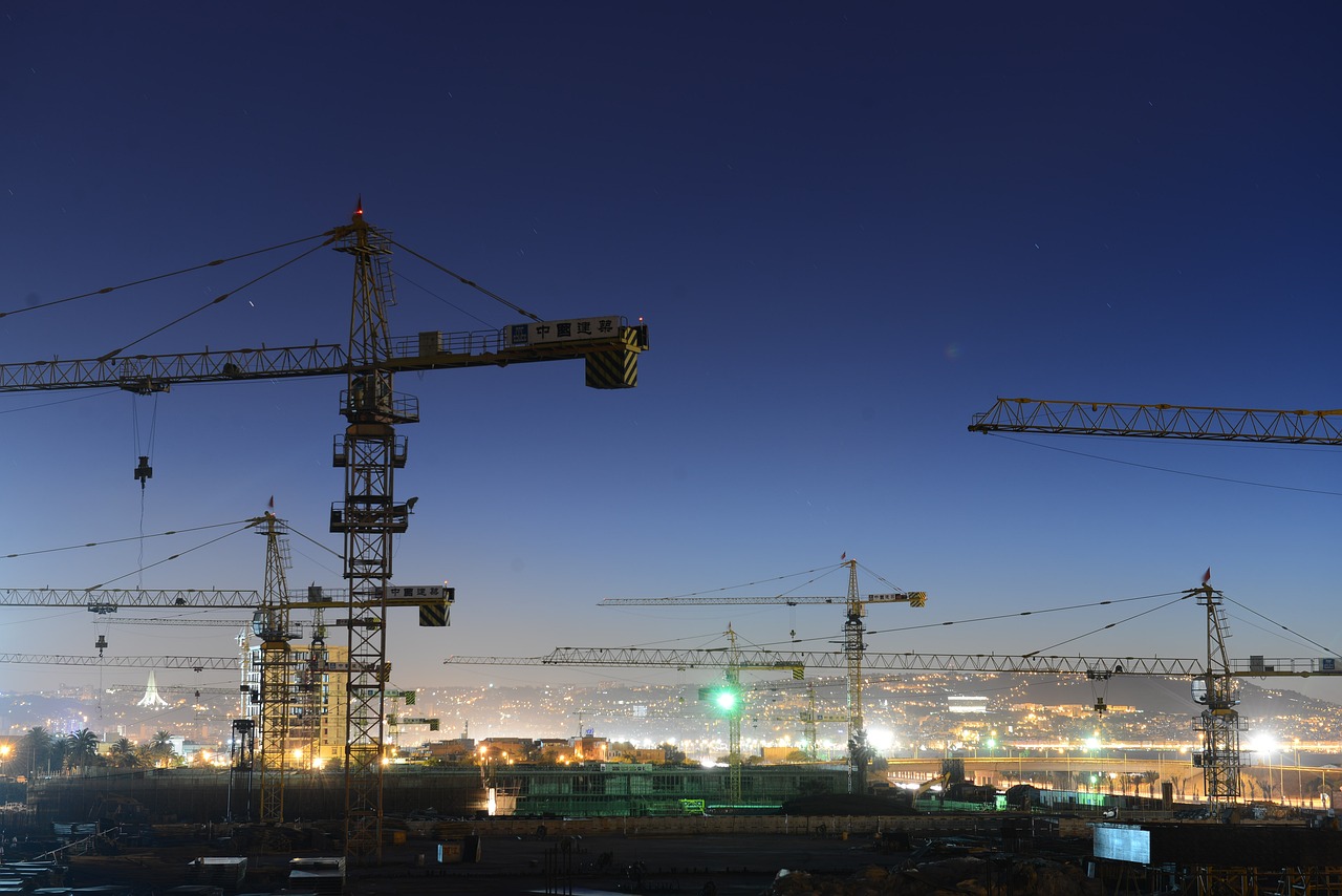 project, mechanical thickness, city starlight, twilight, night, crane, construction, crane, construction, construction, construction, construction, construction