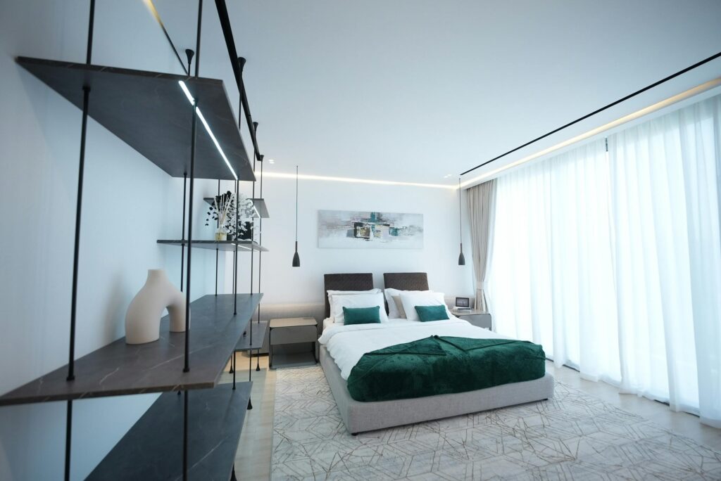 Spacious and stylish bedroom interior design with modern decor in Dubai.